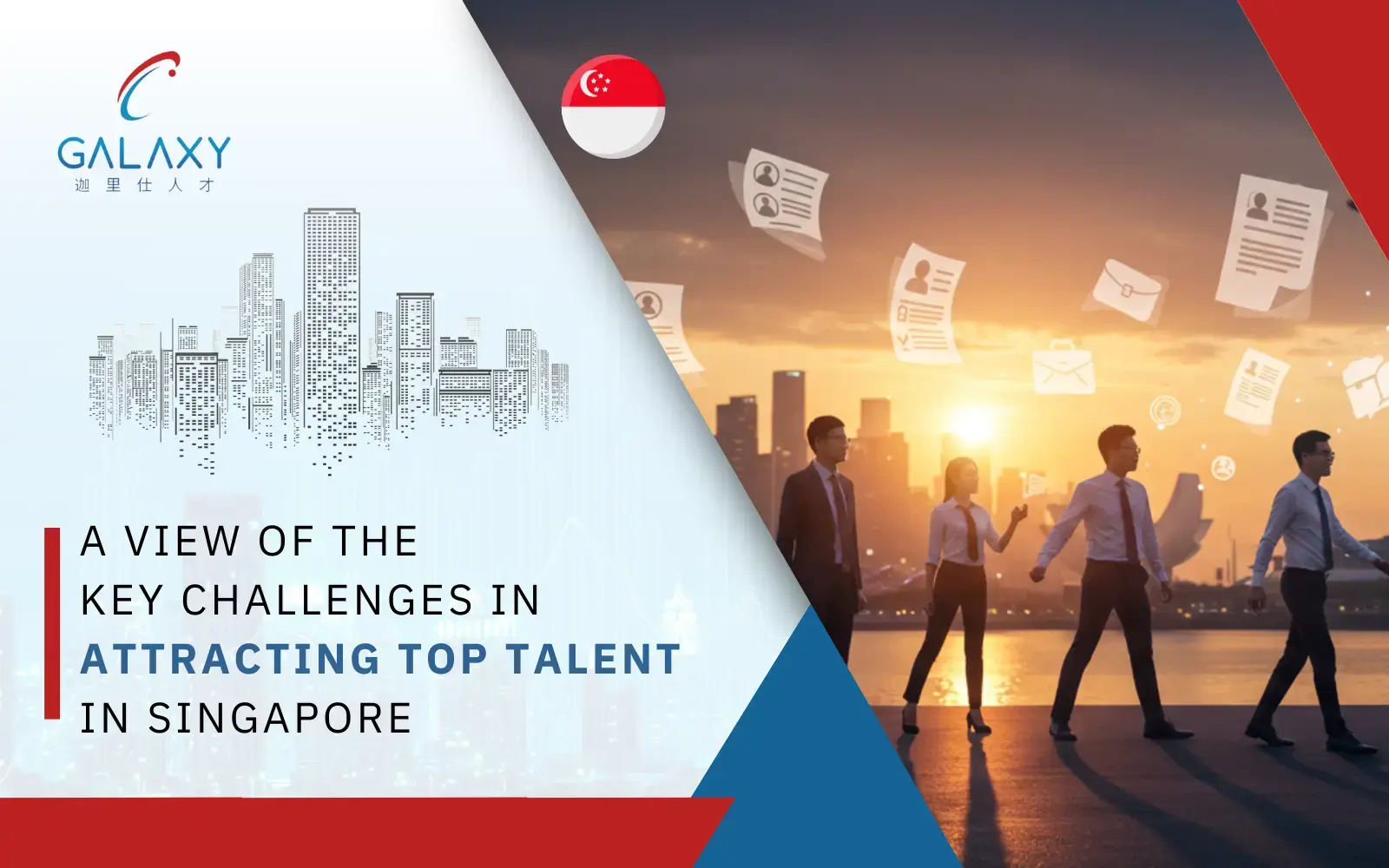 Business professionals walking with resume icons in the background, representing hiring challenges in Singapore.