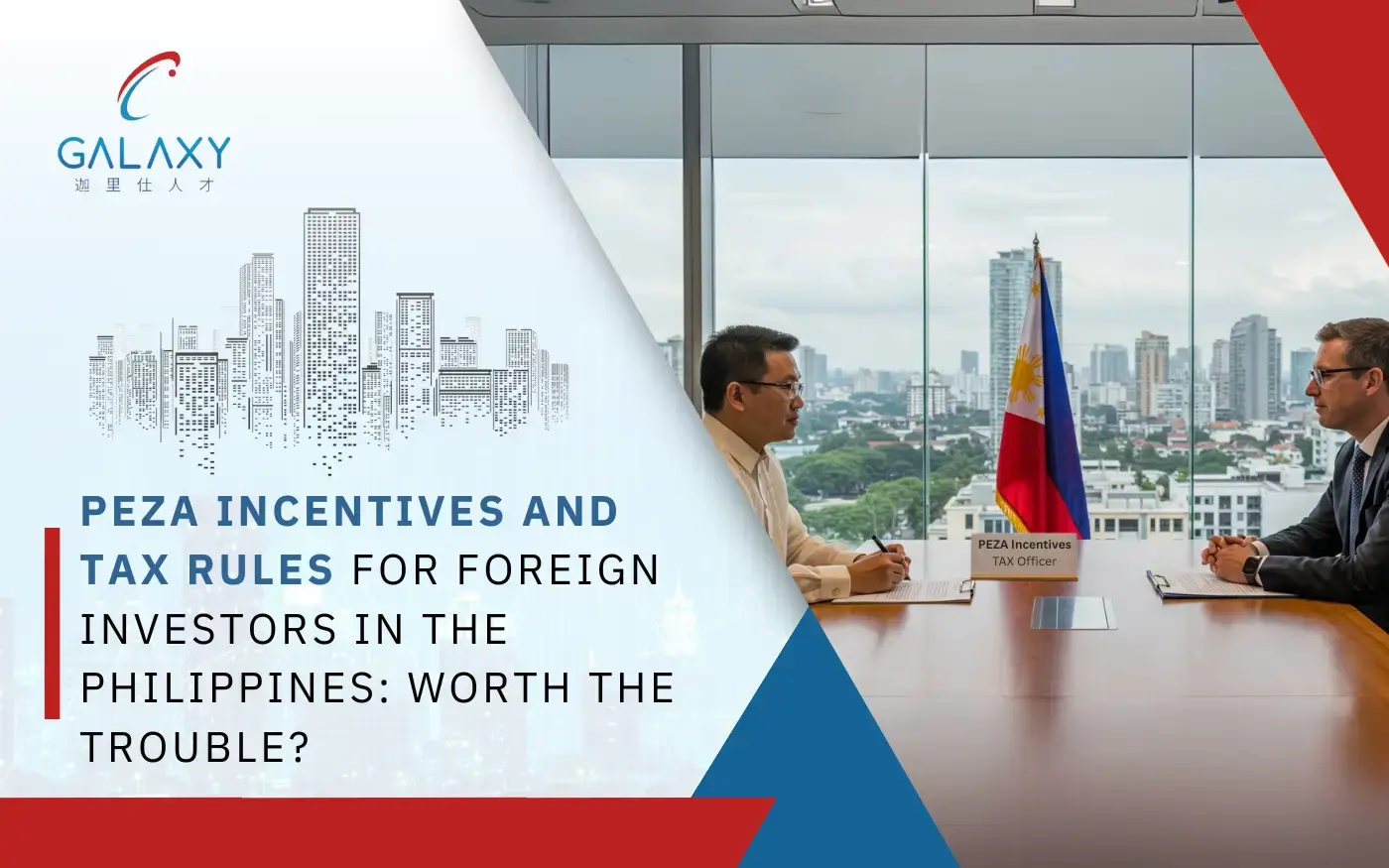 Two businessmen discuss PEZA tax incentives in a formal office with the Philippine flag in the background.