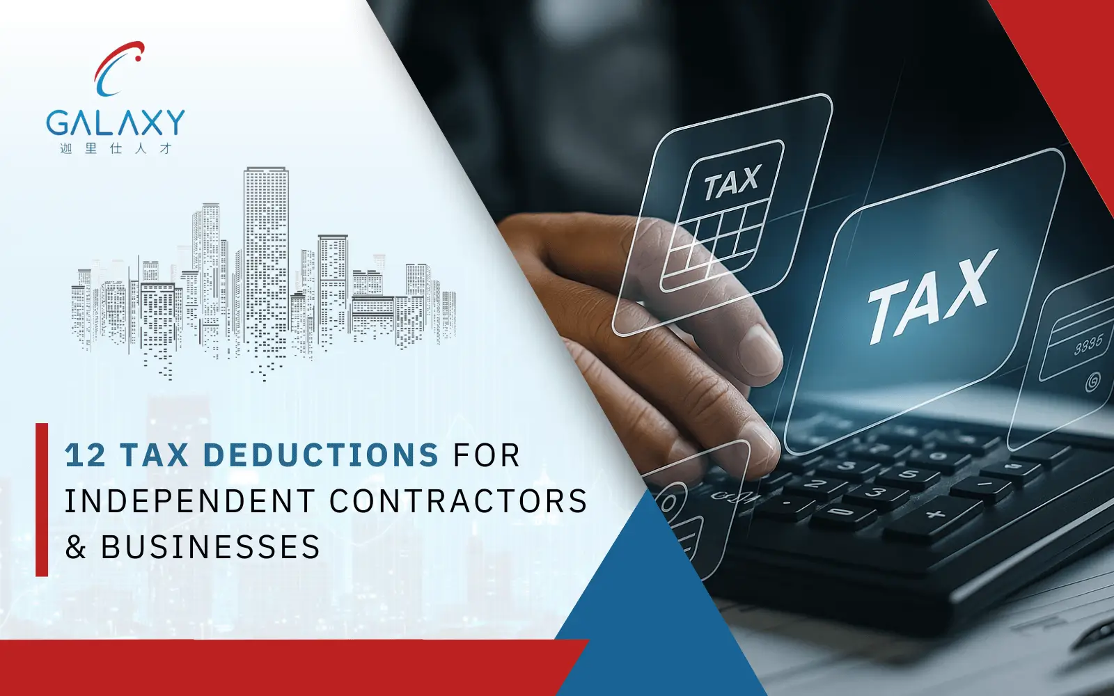 12 tax deductions for independent contractors & businesses – Galaxy graphic with city skyline and calculator