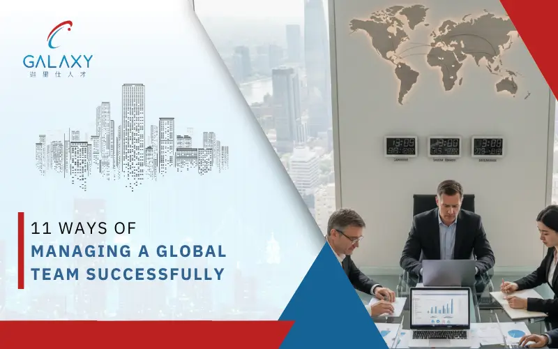 Business team meeting with global map and clocks in background, alongside text ‘11 Ways of Managing a Global Team Successfully.