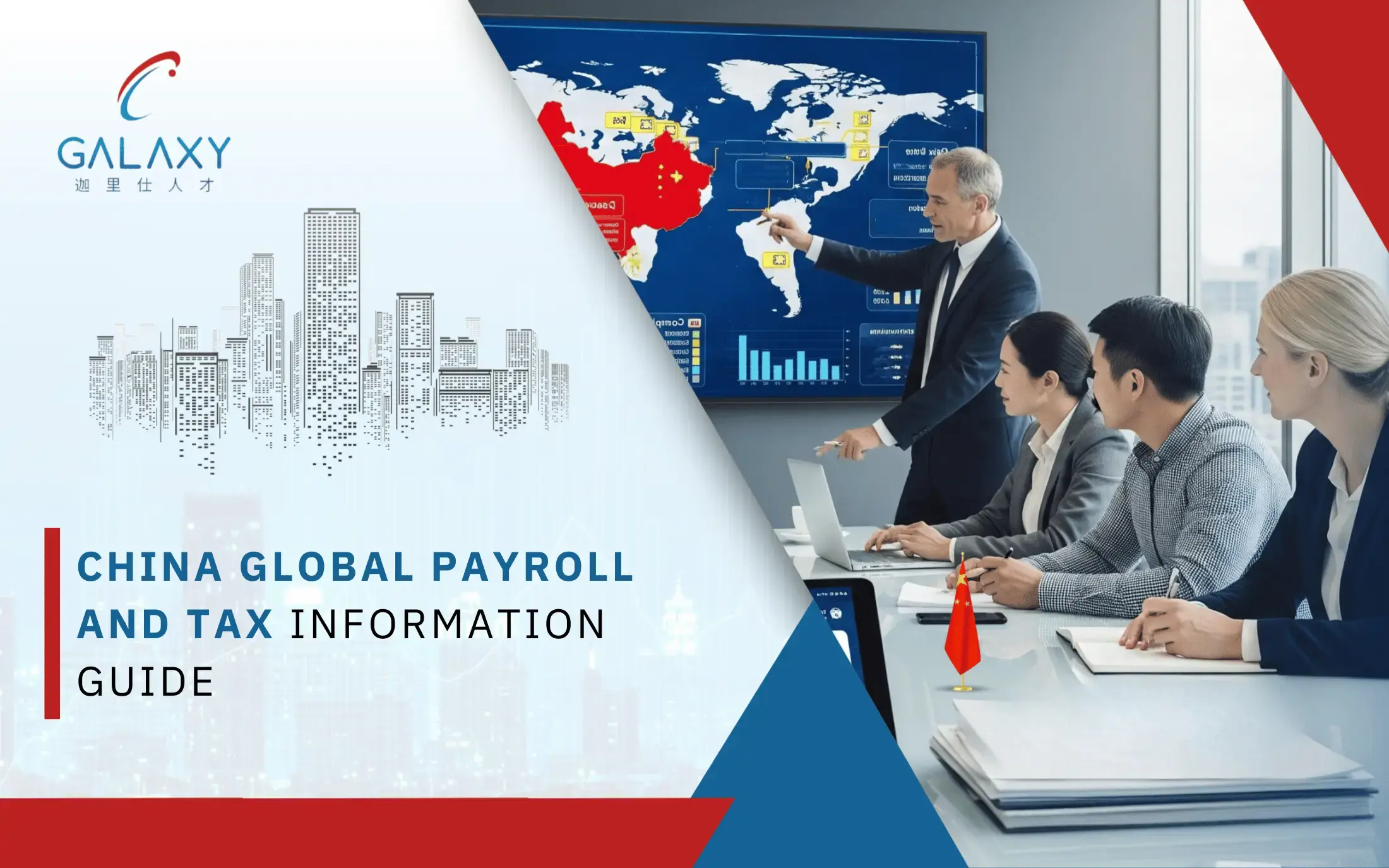Business team discussing global payroll and tax strategy with China highlighted on world map presentation.