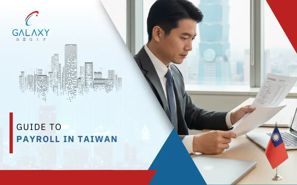 Business professional reviewing payroll documents in Taiwan office with national flag and Taipei 101 in background.