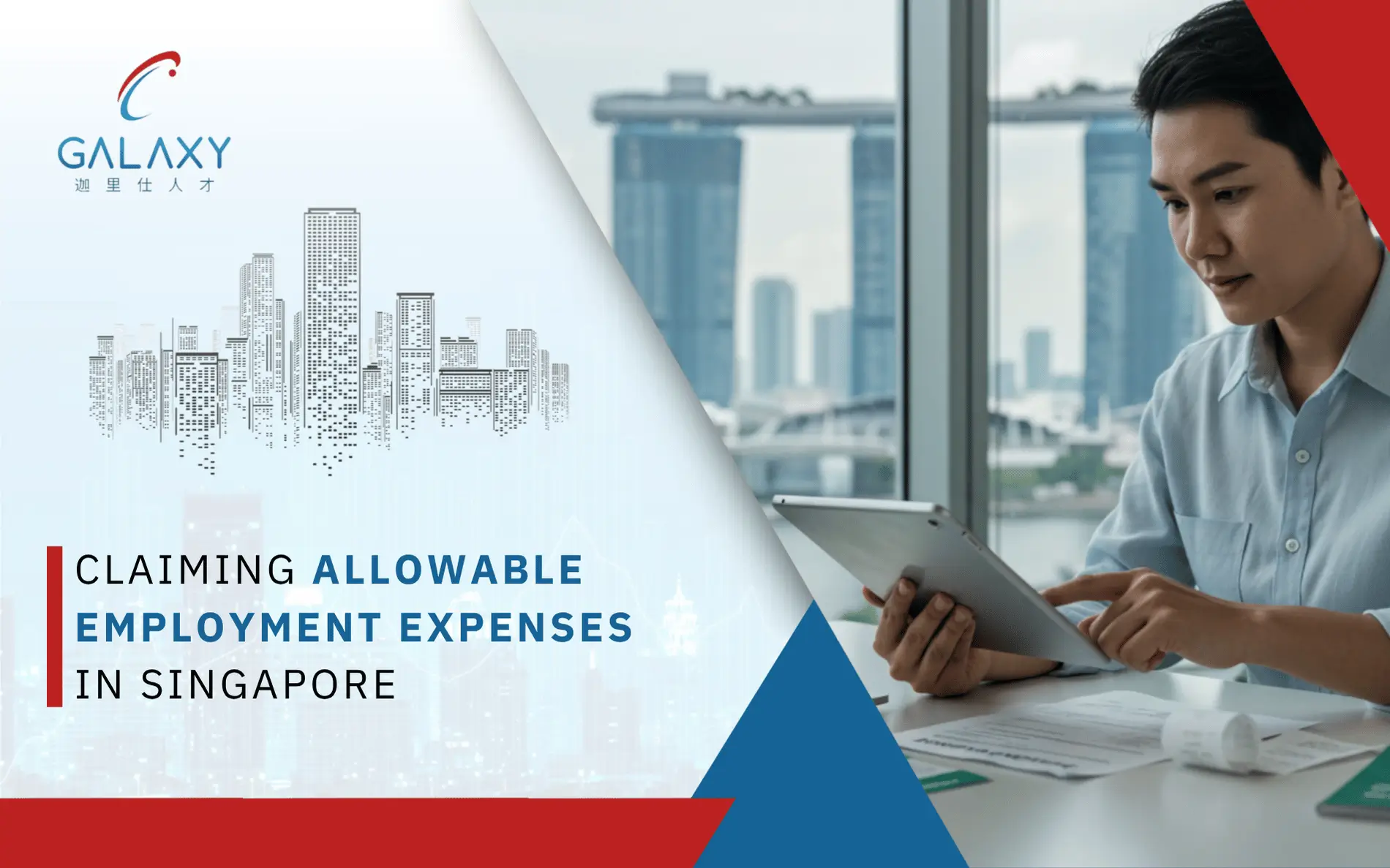 Professional analyzing allowable employment expenses on tablet with financial documents on office desk