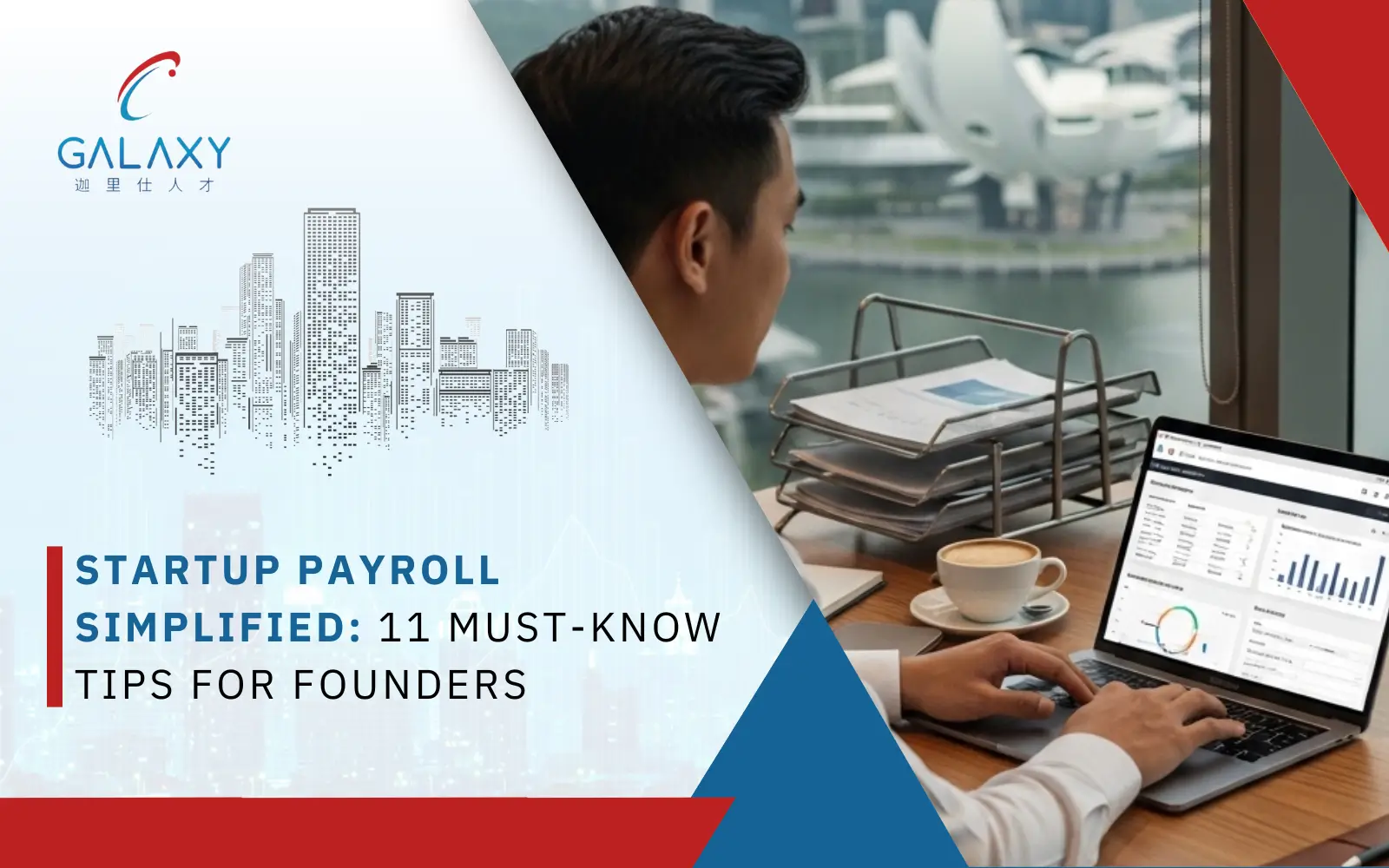 Startup founder reviewing payroll reports on laptop in modern office with charts and team discussion in background