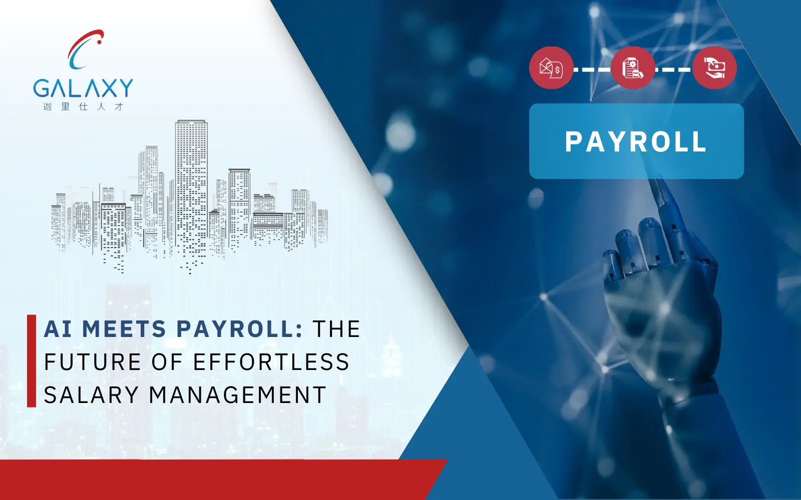 Robotic hand interacting with digital payroll icons, symbolizing AI integration in salary management, alongside city skyline and text “AI Meets Payroll: The Future of Effortless Salary Management”